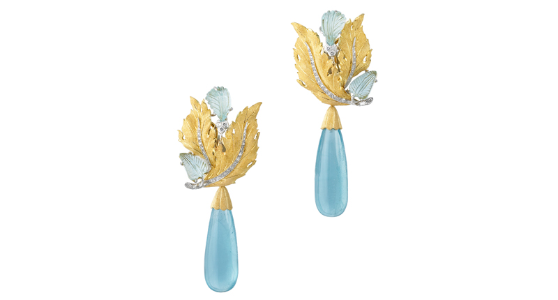 <p><a href="https://www.Buccellati.com" target="_blank" rel="noopener">Buccellati</a> cocktail pendant earrings with aquamarine and round brilliant-cut diamonds set in 18-karat white and yellow gold ($49,500) </p>