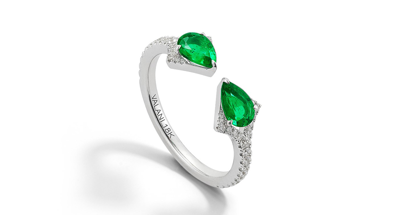 While most of Valani’s emerald pieces are rendered in yellow gold, this open style ring breaks the mold in 18-karat white gold with emeralds and diamonds. ($3,300)