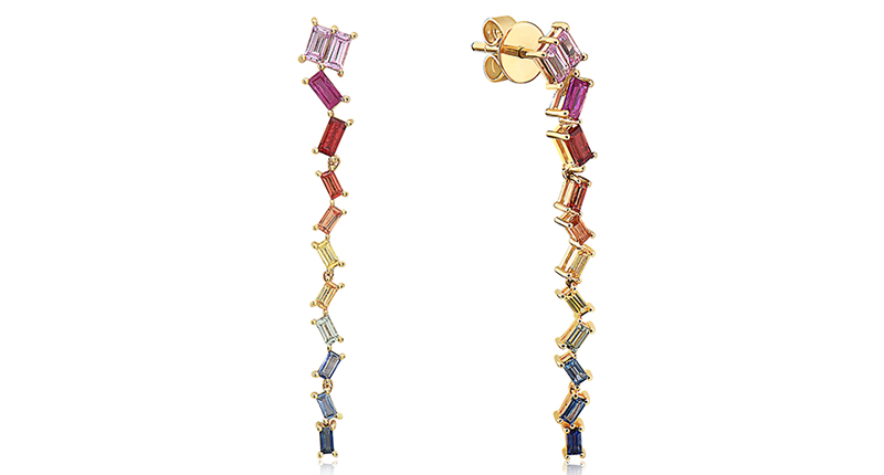 <a href="http://www.dilamani.com" target="_blank" rel="noopener">Dilamani</a> rainbow sapphire baguette long drop earrings set in 14-karat yellow gold ($2,400)