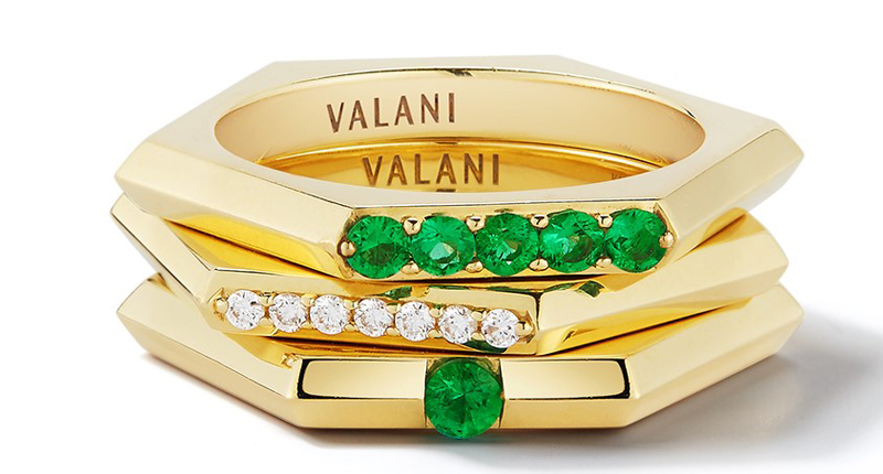 This Valani stack of rings mixes 18-karat yellow gold emerald styles with an 18-karat yellow gold and diamond band. ($650 - $1,500)