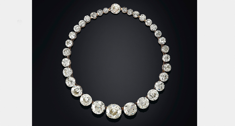 The seven largest diamonds in this Golconda diamond rivière necklace, circa 1890, range from 9.90-24.38 carats. It comes from the collection of the Nizam of Hyderabad, a monarch of the Hyderabad State.
