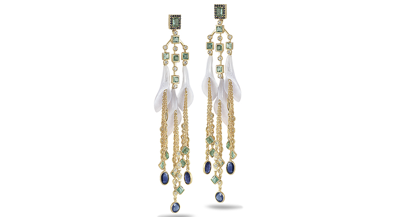 <a href="http://www.coomi.com" target="_blank" rel="noopener noreferrer">Coomi</a> 20-karat gold Bali earrings with carved blue lace agate, sapphires, emeralds and diamonds ($19,500)