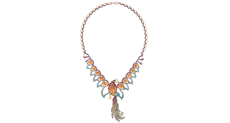 <strong>Best Use of Color.</strong> Ricardo Basta of E. Eichberg, Inc.’s 18-karat yellow gold “Phoenix Rising” necklace featuring mandarin garnet (28.04 total carats) accented with paraiba tourmaline (1.55 total carats), sapphire (4.68 total carats), ruby (3.17 total carats), fire opal (1.35 carats), tsavorite Garnets (.02 carats) and a 0.77-carat turquoise