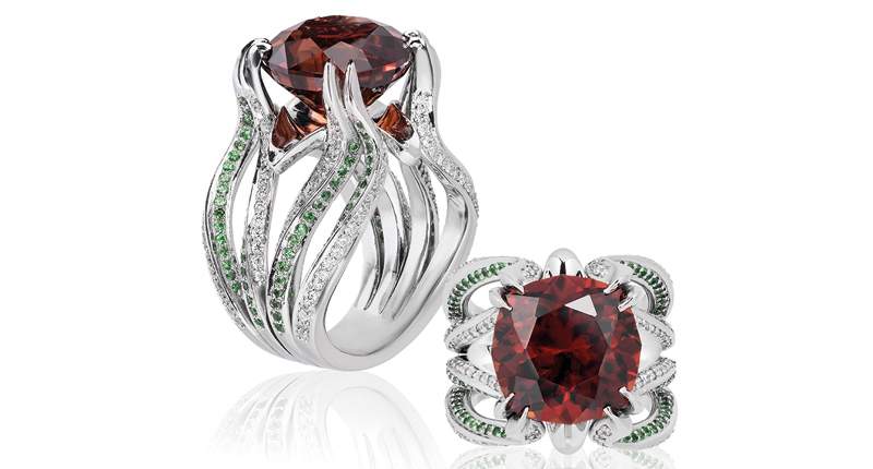 <strong>Best Use of Platinum Crown.</strong> John Haynes of Schmitt Jewelers’ platinum “Solar Blossom” ring featuring a 14.73-carat orange zircon accented with tsavorite garnet (0.67 total carats) and 0.65-carats of diamond