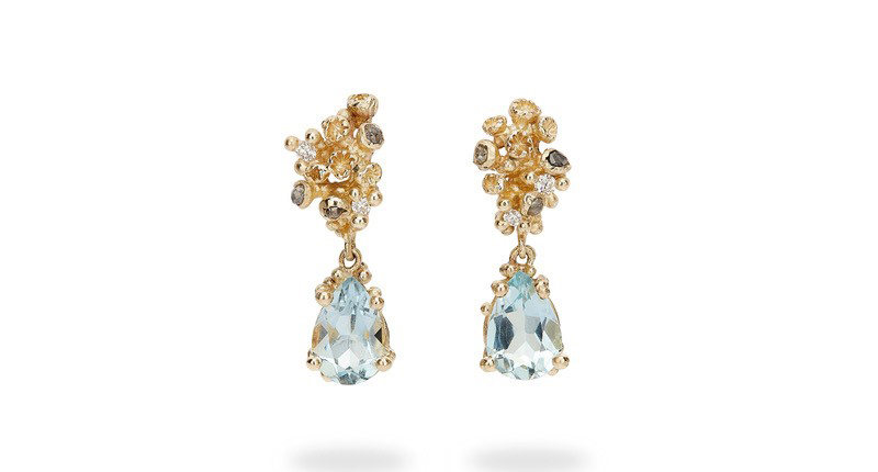<p><a href="https://ruthtomlinson.com/products/aquamarine-drops-with-grey-diamonds-and-barnacles" target="_blank" rel="noopener">Ruth Tomlinson</a> aquamarine drop earrings with faceted white diamonds and rose cut grey diamonds set in 14-karat yellow gold ($2,400) </p>