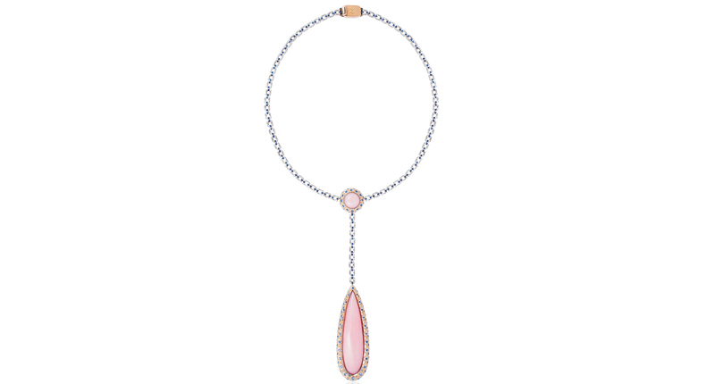 <strong>Bridal Wear, First Place.</strong> Zoltan David’s 22-karat and 18-karat rose gold necklace featuring a 46.12-carat opal accented with a 3.60-carat round opal and blue sapphire (2.40 total carats)