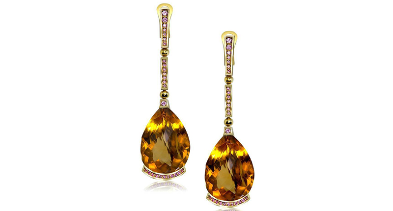<a href="http://www.alexsoldier.com" target="_blank" rel="noopener noreferrer">Alex Soldier</a> honey citrine and pink sapphire earrings set in 18-karat yellow gold ($5,300)