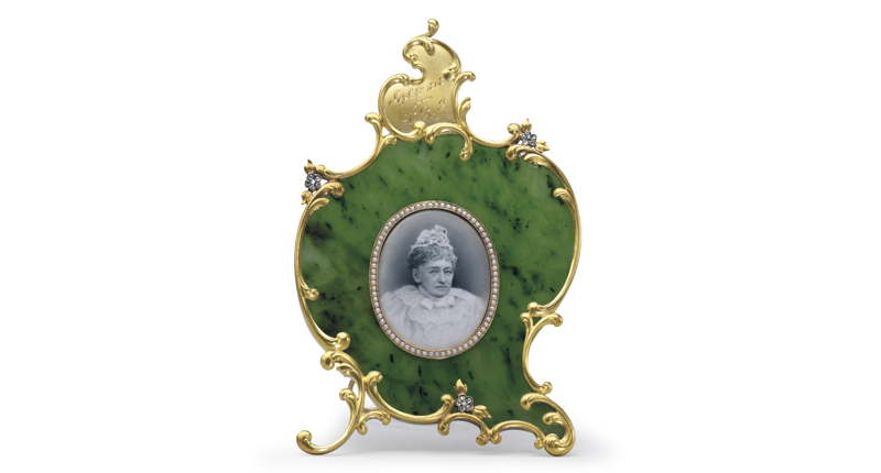 The auction’s most expensive item was this Fabergé gold-mounted nephrite photograph frame, which went for $245,000.<br /><em>Image courtesy of Christie’s Images Ltd. 2016</em>