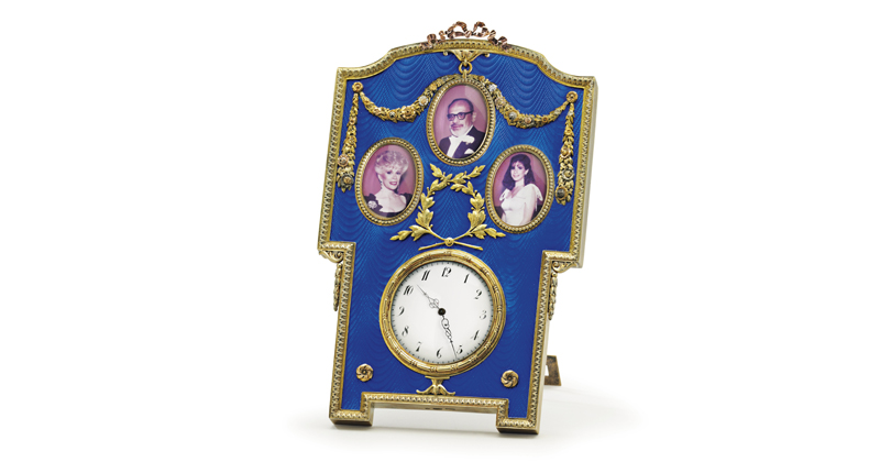 This silver-guilt and guilloché enamel clock and photograph frame marked Fabergé sold for $100,000.<br /><em>Image courtesy of Christie’s Images Ltd. 2016</em>