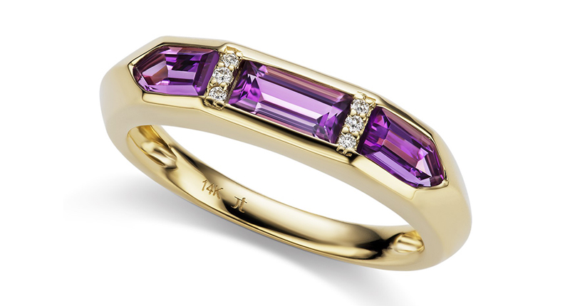 The Cirque knife edge arrow band from Jane Taylor Jewelry features amethyst and diamonds in 14-karat yellow gold ($880).