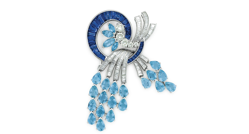 An aquamarine, sapphire and diamond brooch by Sophia D sold for $8,125.<br /><em>Image courtesy of Christie’s Images Ltd. 2016</em>
