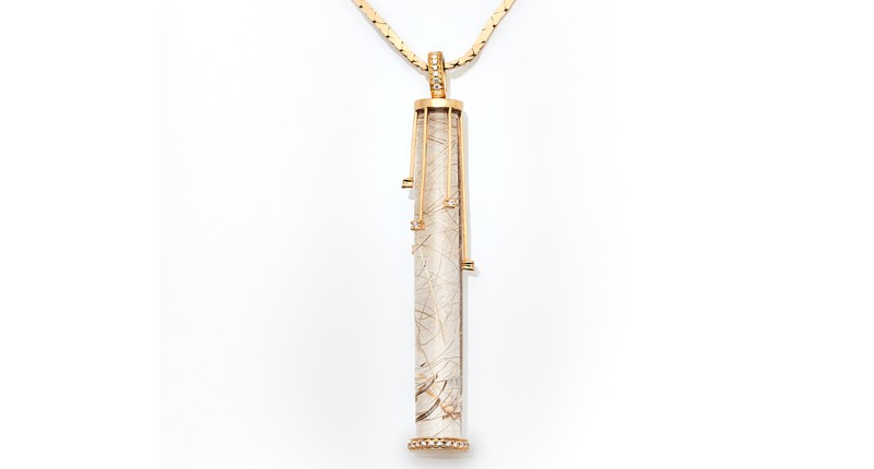<strong>First place in jewelry up to $2,000, retailer:</strong> Designed by Ziad H. Noshie of Almaza Jewelers in Houston, Texas. A rutilated quartz necklace (30.47 carats) with 36 full cut diamonds (0.21 carats, VS1, G color) set in 18-karat yellow gold