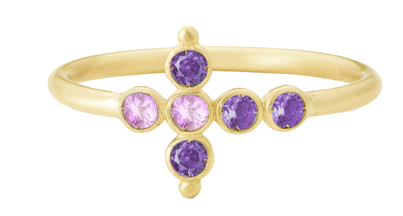AIMÉE.AIMER’s “Petit AA” ring in 18-karat gold with pink sapphires and amethysts ($690)