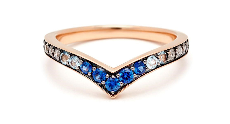 This is Anna Sheffield’s Orbit ombre band with blue sapphire, aquamarine and diamonds set in 18-karat rose gold ($1,700).