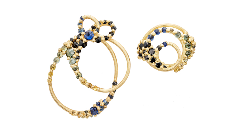 <a href="http://www.pollywales.com" target="_blank" rel="noopener">Polly Wales</a> sapphire Orion studs in 18-karat yellow gold with black, navy, yellow and dark green sapphires ($6,600)