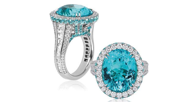 <strong>Classical, First Place.</strong> Niveet Nagpal of Omi Prive’s platinum ring featuring a 10.23-carat cuprian tourmaline accented with 2.57 carats of diamond, 1.54 carats of paraiba tourmaline and a 0.01-carat alexandrite