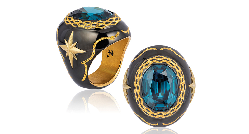 <strong>Men’s Wear, First Place.</strong> Zoltan David’s steel and 24-karat gold ring featuring a 25.5-carat blue zircon