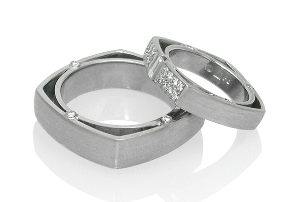 Kieko Mita’s men’s ring in palladium with diamond accents (staring $2,400) and women’s ring in palladium with a center baguette and side diamonds (staring $2,900). <a href="http://www.k-mita.com/" target="_blank"><span style="color: rgb(255, 0, 0);">K-Mita.com</span></a>