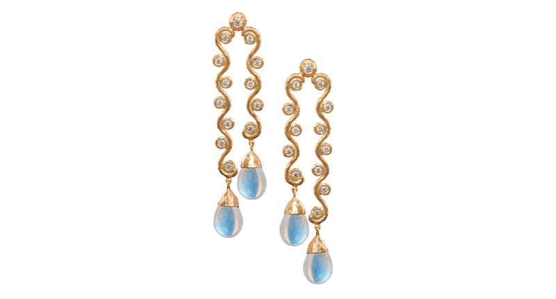 <p><a href="https://www.pamelafroman.com" target="_blank" rel="noopener">Pamela Froman</a> “Double Wave Crush” earrings in 18-karat yellow gold with diamonds and rainbow moonstone briolettes ($11,550) </p>