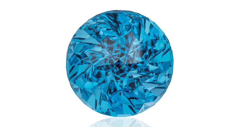 <strong>Innovative Faceting, First Place.</strong> Mark Gronlund’s 96.30-carat round spiral brilliant-cut blue topaz