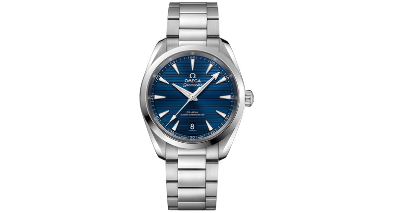 The 38 mm addition to Omega’s Seamaster Aqua Terra Master Chronometer Collection features a stainless steel bracelet and blue dial.