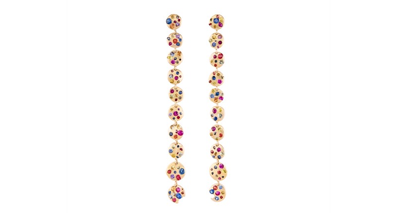 <p><a href="https://www.pollywales.com" target="_blank" rel="noopener">Polly Wales</a> multi-color sapphire “Confetti 10” drop earrings set in 18-karat yellow gold ($14,200) </p>