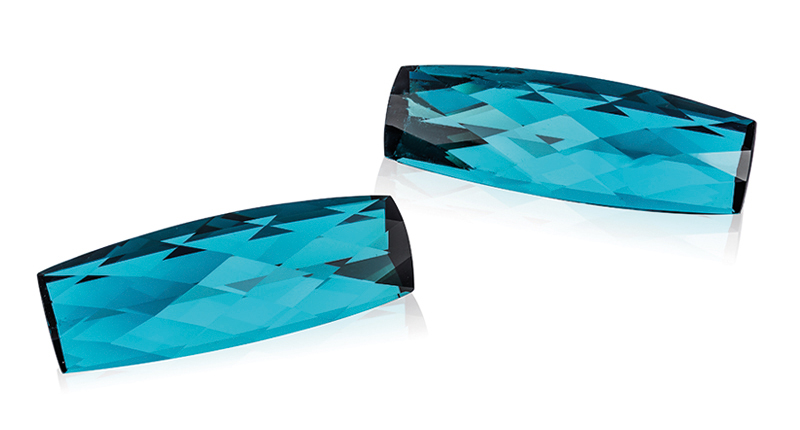 <strong>Pairs & Suites, First Place.</strong> Stephen M. Avery’s pair of indicolite tourmaline (41.45 total carats)