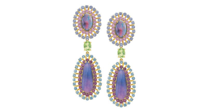 <p><a href="https://www.andrewglassfordjewels.com" target="_blank" rel="noopener">Andrew Glassford</a> 18-karat yellow gold earrings with opal, spinel and green tourmaline ($23,900) </p>