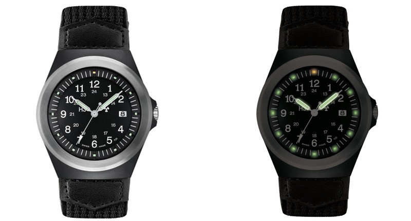 One of Traser’s more popular models is the P5900 Type 3. It’s a 37 mm watch that’s technically a men’s model but can be worn by anyone. It’s powered by a Swiss quartz movement and is shown here in both day and night vision ($195).