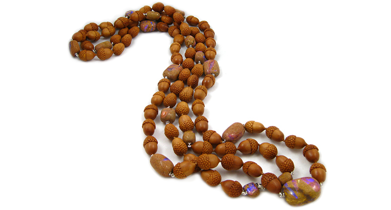 <a href="http://kbrunini.com/" target="_blank" rel="noopener noreferrer">K. Brunini Jewels’</a> single strand of Sawo wood acorns and Jundah opal beads in<br />18-karat white gold ($17,825)