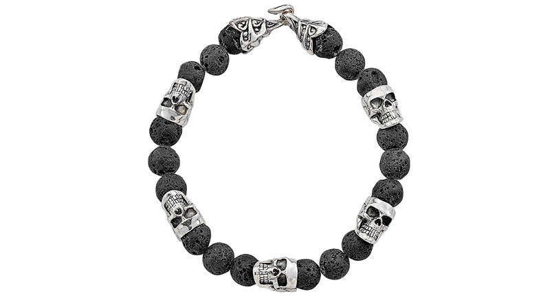<a href="https://www.samuelb.com" target="_blank" rel="noopener">Samuel B.</a> sterling silver skull and volcanic lava gemstone bracelet from Bali ($259)