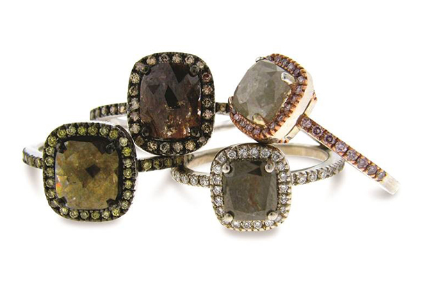 Sethi Couture’s 18-karat gold and opaque diamond rings in mahogany, ice, green, and slate colors. The center stones range from 1 to 3 carats (prices range from $4,800 to $6,000). <a href="http://www.sethicouture.com/" target="_blank"><span style="color: rgb(255, 0, 0);">sethicouture.com</span></a>