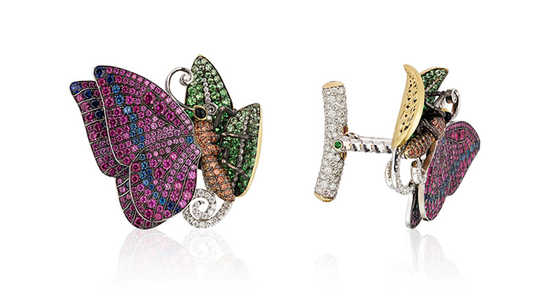 <strong>Best Use of Color and Men’s Wear, First Place.</strong> David White of Aucoin Hart Jewelers’ 18-karat yellow and white gold cufflinks featuring sapphires (3.09 total carats) accented with diamonds (2.36 total carats) and tsavorite garnets (1.37 total carats)