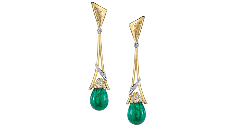 These earrings from <a href="http://www.aggems.com/" target="_blank" rel="noopener noreferrer">AG Gems</a> feature 15.98 total carats of emeralds, accented with 1.09 carats of diamonds made in 18-karat white and yellow gold ($22,500).