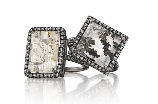 Lauren K’s “Mischa” rings are available with an emerald-cut natural dendrite agate in 18-karat blackened gold with diamonds ($3,100), and with a square-shaped natural dendrite agate, also in 18-karat blackened gold with diamonds ($2,420).<br />
<a href="http://www.laurenk.com/" target="_blank"><span style="color: rgb(255, 0, 0);">laurenk.com</span></a>
