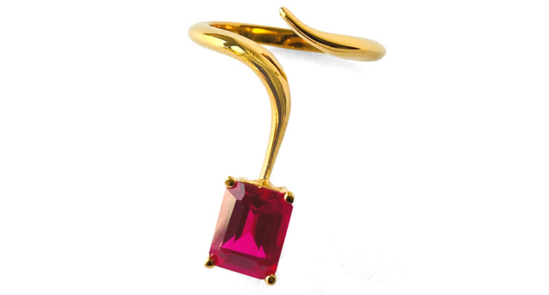 Jules Kim of <a href="https://bijulesnyc.com/" target="_blank" rel="noopener">Bijules</a> “Transylvania Ribbon Ring” is available in either silver with gold vermeil and a lab-grown ruby ($375) or 14-karat yellow gold with a tourmaline ($1,375).