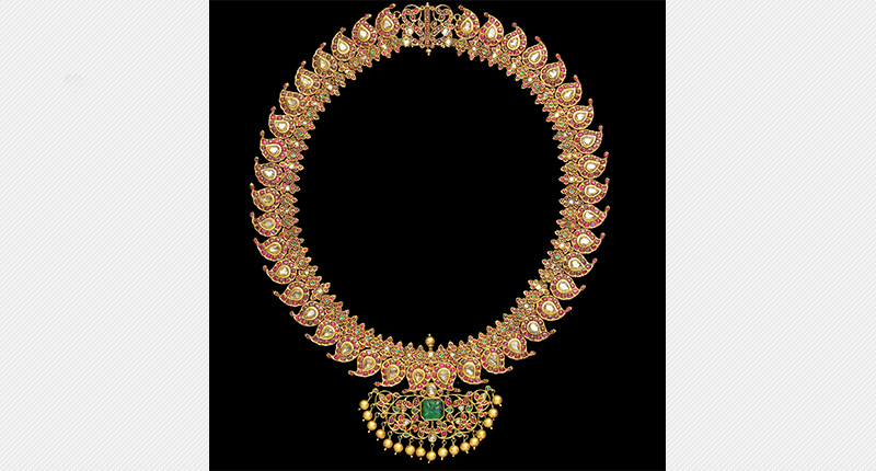 “Manga malai” necklaces are unique to south India and traditionally were worn for special occasions, such as weddings, and also by devadasis (temple dancers.) This circa 19th century example featuring diamonds, rubies and emeralds set in gold from the Tamil Nadu area of south India could sell for as much as $90,000.