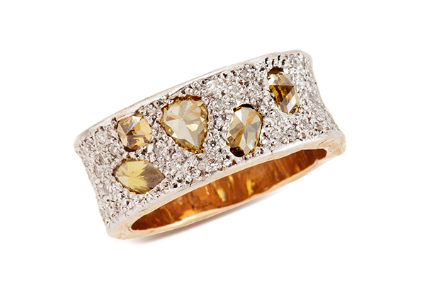 Just Jules’ 14-karat wide band with fancy yellow diamonds and white full cut diamond pavé ($9,460) <a href="http://www.justjules.com/" target="_blank"><span style="color: rgb(255, 0, 0);">JustJules.com</span></a>