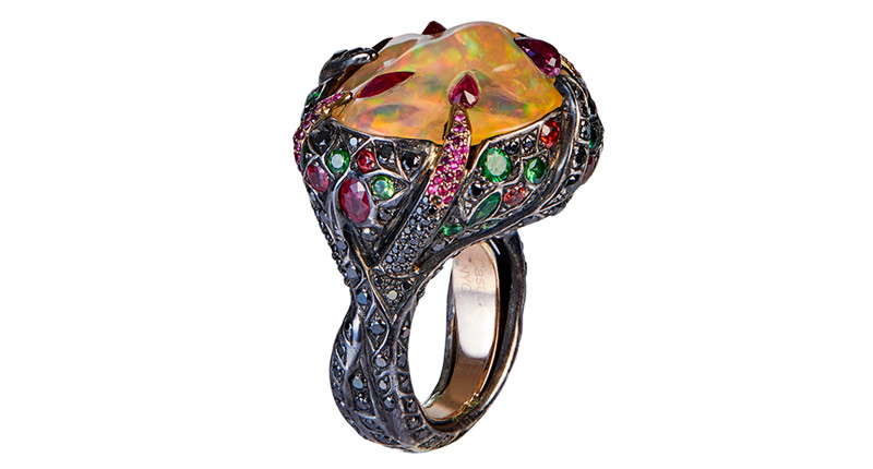 <a href="https://www.instagram.com/castronyc/?hl=en" target="_blank" rel="noopener">Castro NYC</a>’s ring features an opal set with pear-shaped no-heat rubies plus orange sapphire, green garnet and emerald ($18,950)