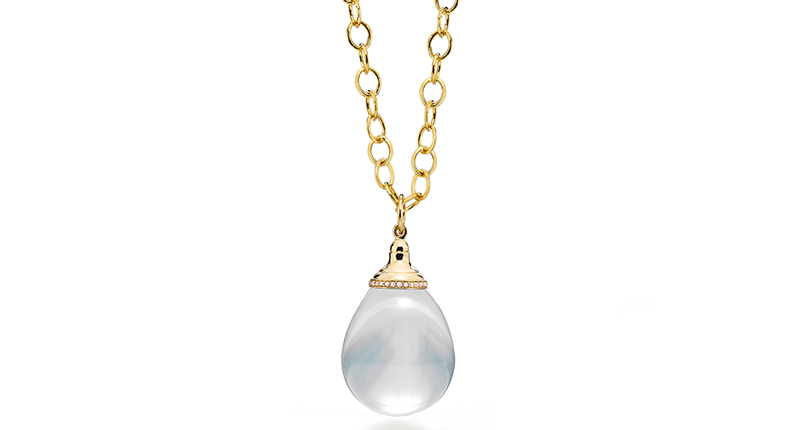<a href="http://synajewels.com/" target="_blank" rel="noopener noreferrer">Syna’s</a> 18-karat yellow gold medium (50-plus carats) moon quartz drop pendant with diamond trim ($2,950 for pendant; $1,650 for 30-inch 18-karat gold link chain)