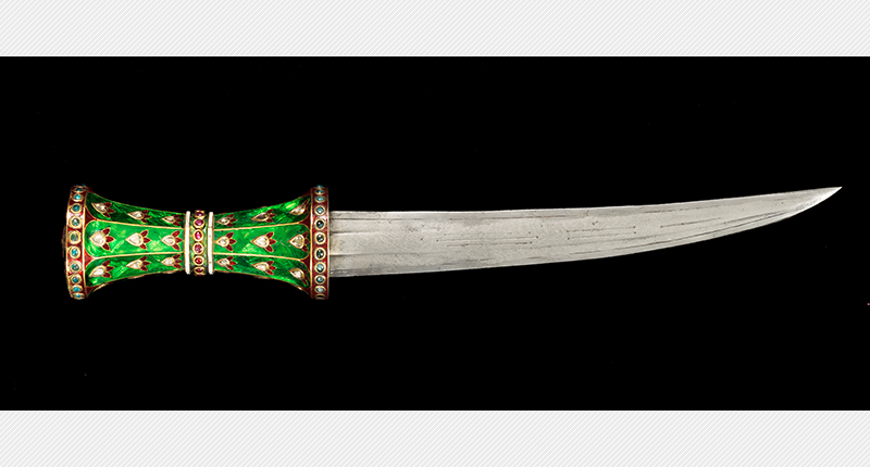 Bonhams said that a hilt of the type seen on this dagger are rarely produced in Mughal India, and the quality of the enameling and the enamel colors both suggest it probably was made in Rajasthan, an area in northern Indian, in the 18th century. This is expected to sell in the range of $43,000 to $71,000.