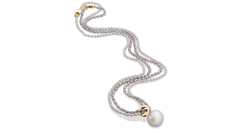 <a href="http://www.marthaseely.com/" target="_blank" rel="noopener noreferrer">Martha Seely’s</a> Cirrus pearl pendant with an 11 mm white cultured pearl and 14-karat yellow gold ($774) hanging from Cirrus seed pearl necklaces in 14-karat yellow gold ($198 each)