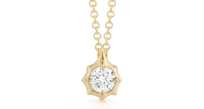 Trau’s cool, angular settings lend interest to classic pieces, like a round brilliant diamond solitaire pendant. 
