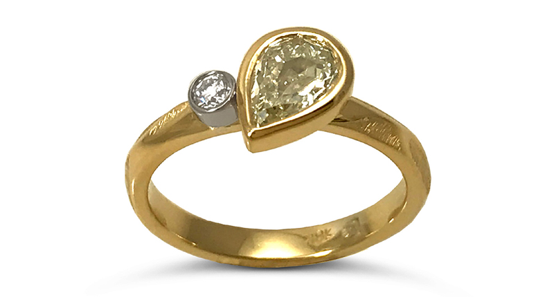 <a href="http://www.k-mita.com" target="_blank" rel="noopener noreferrer">K. Mita</a> Dew Drop diamond ring with a rose-cut light yellow diamond (0.58 carats) set in 18-karat yellow gold and an 18-karat palladium-white gold alloy ($2,760)