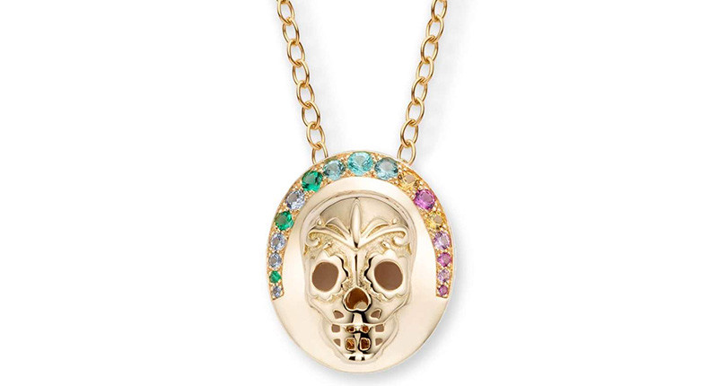 <a href="https://www.nouvelheritage.com" target="_blank" rel="noopener">Nouvel Heritage</a> diamond, tourmaline, sapphire and 18-karat yellow gold skull medallion ($2,900)