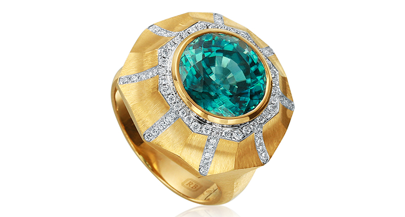 <strong>First place in Jewelry $2,001 to $5,000.</strong> Designed by Ricardo Basta of Ricardo Basta Fine Jewelry in Los Angeles. A 14-karat yellow gold ring featuring a 7.05-carat heat treated blue zircon with round brilliant cut diamonds weighing 0.12 total carats.
