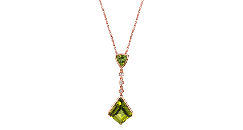 <strong>Second place in Jewelry $2,001 to $5,000.</strong> Designed by Marianne Vander Wall of Devon Fine Jewelry in Wyckoff, New Jersey. An 18-karat rose gold pendant with a 6.43-carat bezel-set kite shape peridot dangling from a 0.96-carat trillion green tourmaline with three bezel-set diamonds.