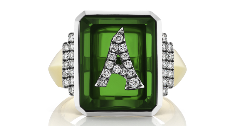 <a href="http://www.sorellinanewyork.com/" target="_parent">Sorellina</a> green quartz signet ring in 18-karat yellow gold with diamonds ($2,750)