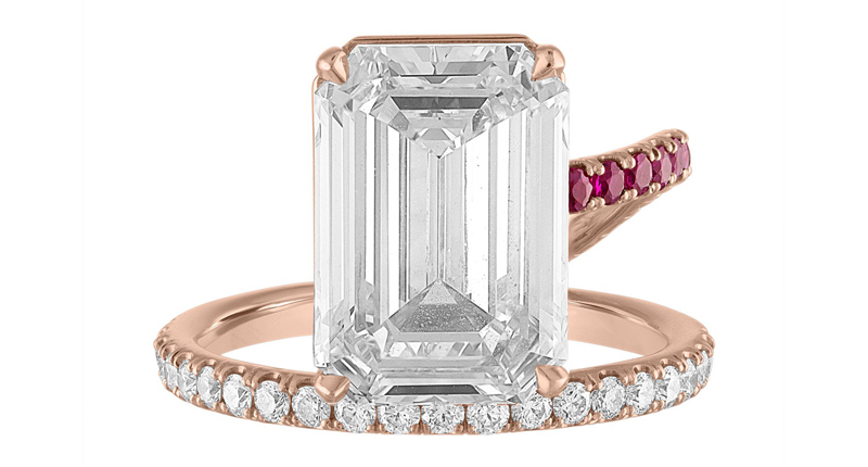 While not her company’s top-seller, Stephanie Gottlieb noted a growing interest in her more trend-forward engagement ring settings, like the “Band and a Half” ring, pictured. Emerald cuts continue to be her No. 2 most popular diamond shape, after round brilliants. This particular ring, boasting a 5-carat emerald-cut diamond and set in 14-karat rose gold with diamonds and rubies, sells for $120,000. Currently, Gottlieb is more likely to execute this style in yellow gold, white gold or platinum as, “rose gold has cooled off a bit,” she said.