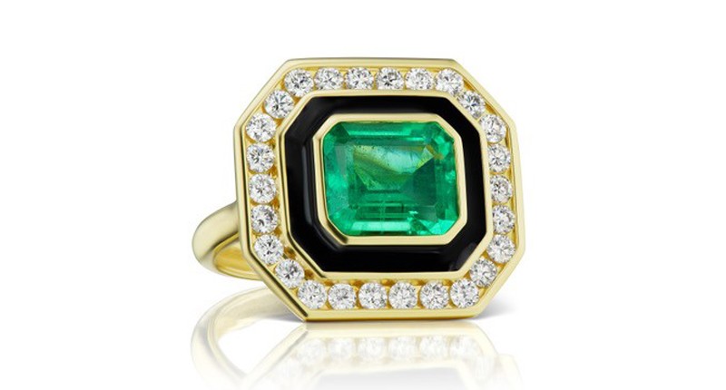 <a href="https://www.andrewglassfordjewels.com" target="_blank" rel="noopener">Andrew Glassford</a> Museum Series ring with black enamel, emerald and diamonds set in 18-karat yellow gold ($16,250)